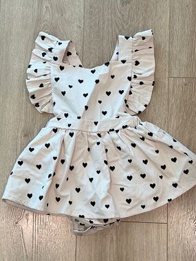 Heart Print Ruffle Romper Dress - Black Hearts on White